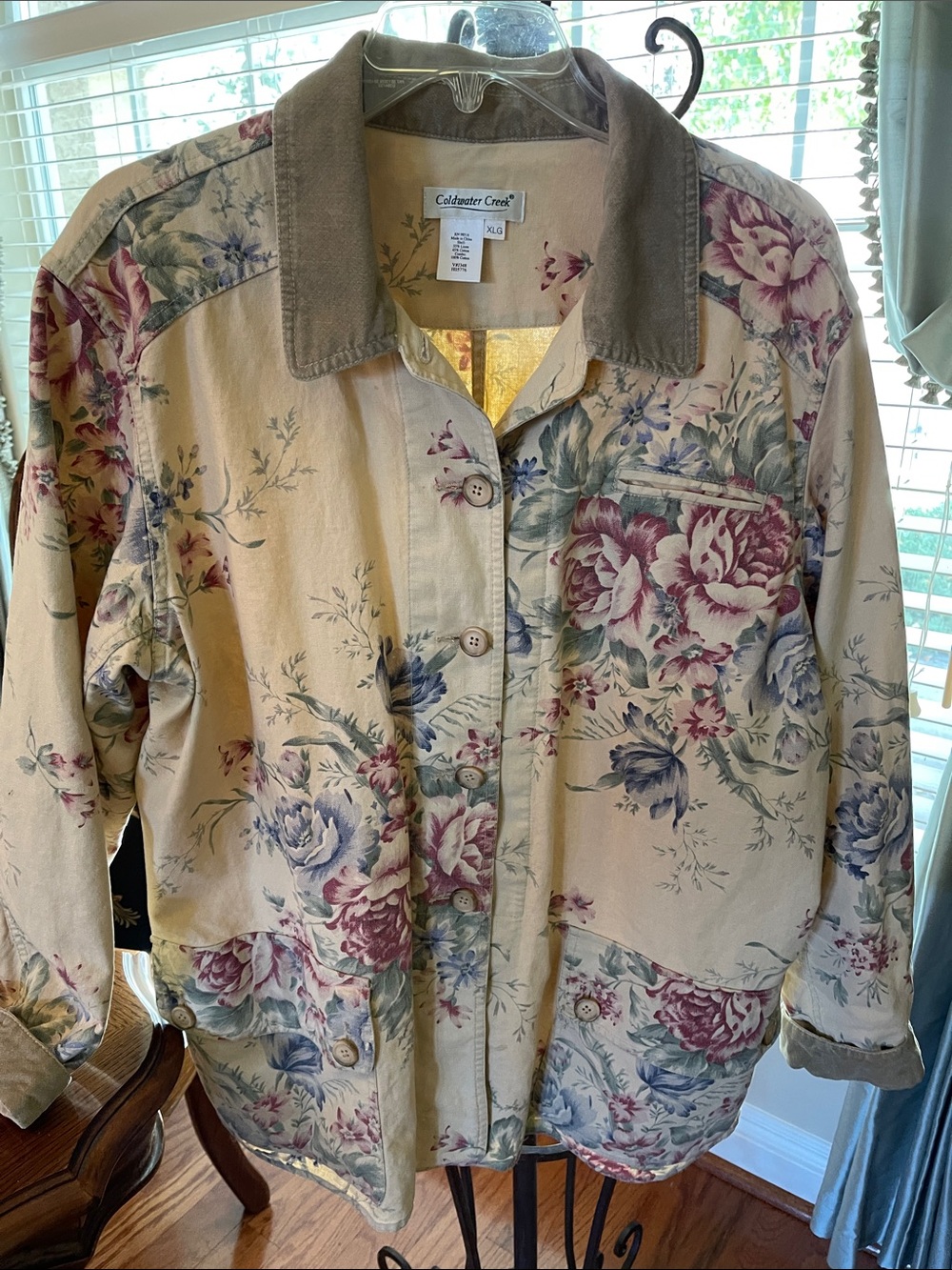 Coldwater Creek Cream Floral Utility Jacket with Pink and Blue Blooms